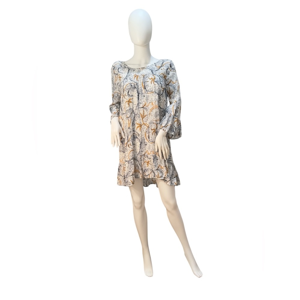 Hinge Boho Peasant Chic Long Sleeve Mini Dress off white orange navy Size Medium